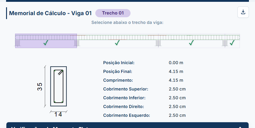 Recorte real do memorial da viga padrão pública com seção, seleção de trecho e verificações.