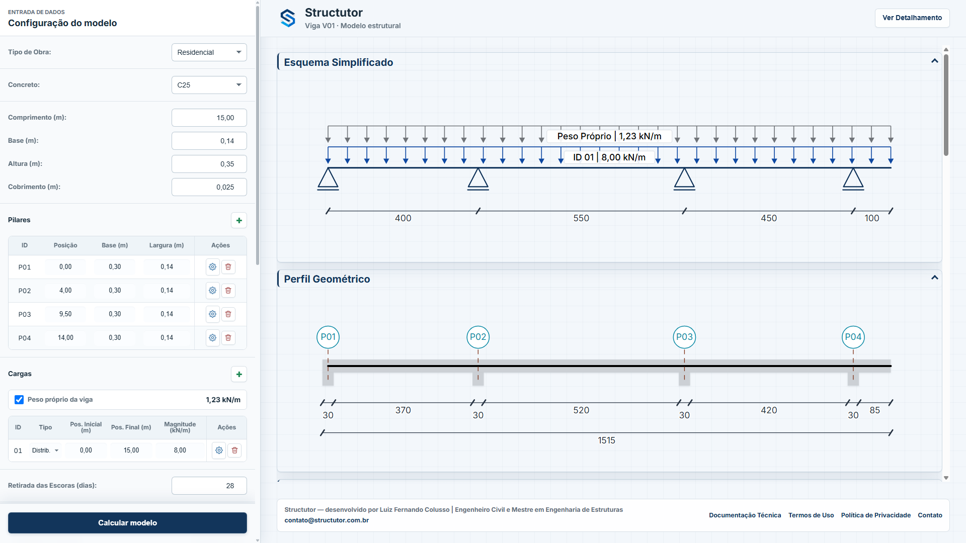 Interface do Structutor com a modelagem da viga padrão pública, incluindo apoios, carregamentos, esquema simplificado e perfil geométrico.