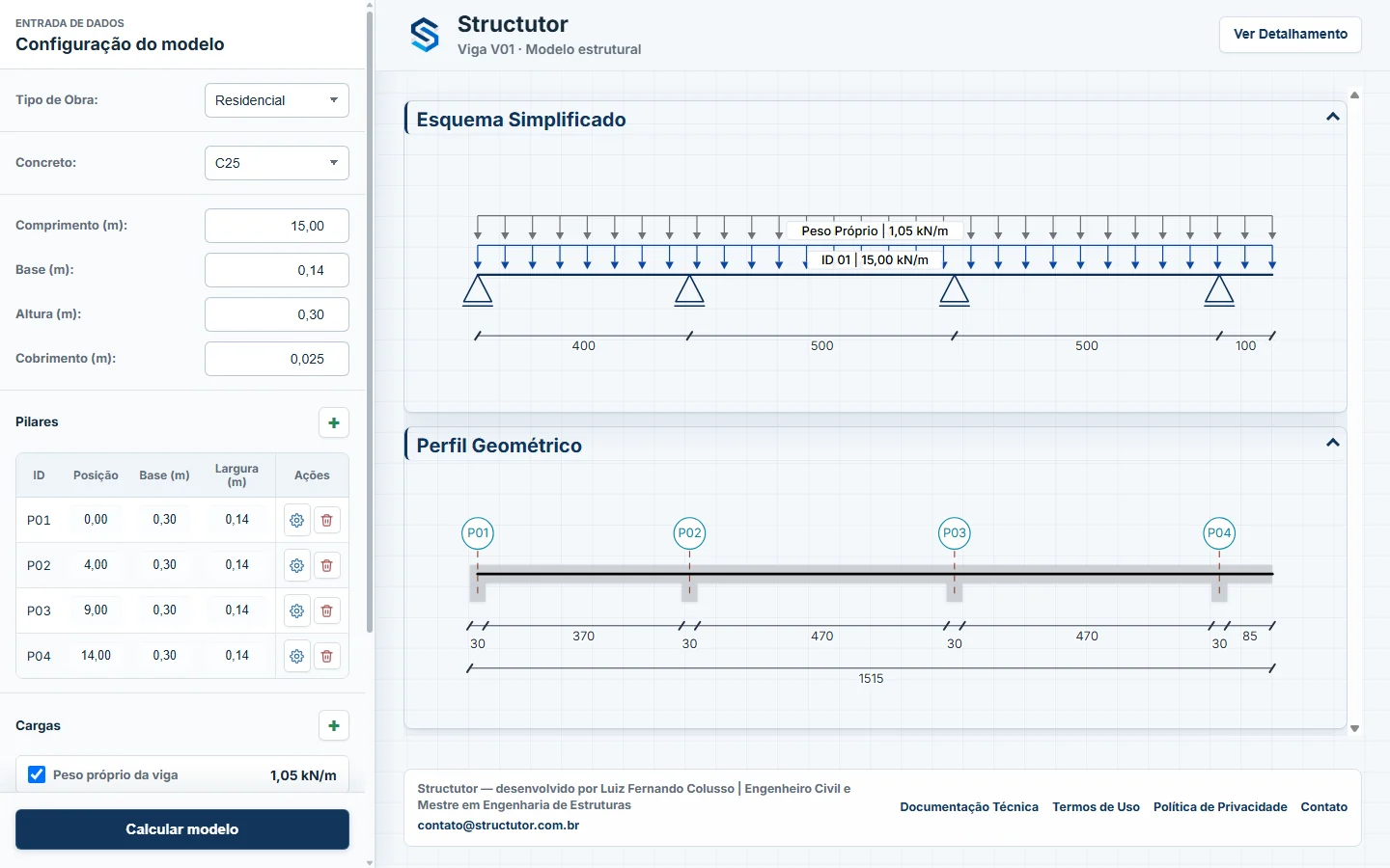 Esquema simplificado e perfil geométrico de uma viga contínua modelada no Structutor.